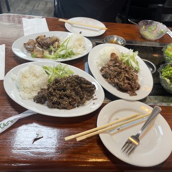 Aoki Sushi - Korean bbq. Pork belly (top left), brisket (middle right), sweet beef (bottom left) - Sushi Bars Near Me - Greenville, South Carolina