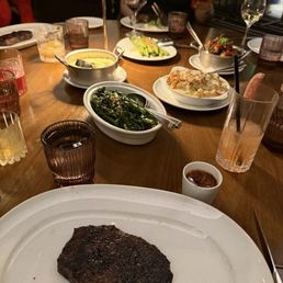 Steaks, broccolini, Mac & cheese, kung pao cauliflower, potato puree, asparagus