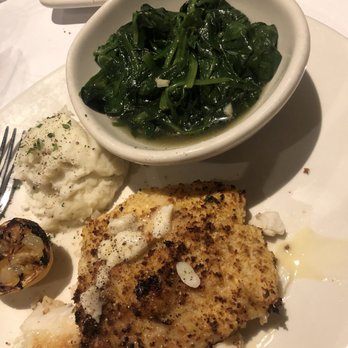 Bonefish Grill - Crab Crusted Cod, Mashed potatoes, and Sauteed Spinach - you can literally see the water in the spinach bowl. - Seafood Near Me - Orlando, Florida
