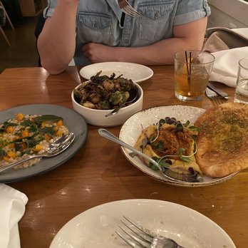 Ema - Hummus with Lamb Ragu, Brussels Sprouts, and winter squash risotto. All delish! Can't go wrong with any of them - Mediterranean Near Me - Chicago, Illinois