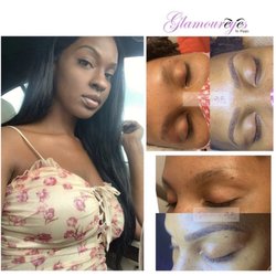 Glamoureyes By Zippy - Owner/Brow Tech along side before and after photos of a client with microblading.