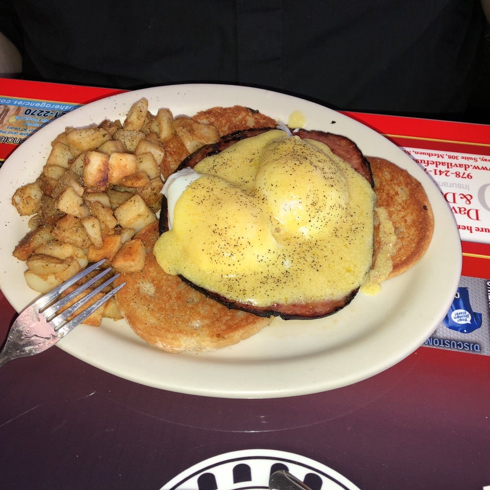 Sunnyside Diner - Egg Benedict (but look closely on the picture both eggs are one piece of ham in between 2 English muffin) - Coffee & Tea Near Me - Lawrence, Massachusetts Sunnyside Diner - Egg Benedict (but look closely on the picture both eggs are one piece of ham in between 2 English muffin) - Coffee & Tea Near Me - Lawrence, Massachusetts