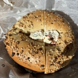 Hot Bagels Belmar's Finest - everything bagel toasted with vegetable cream cheese