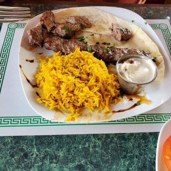 Med Cuisine - Lamb Kabob platter with saffron rice.  A bit messy since my guy was hungry - Mediterranean Near Me - Tucson, Arizona