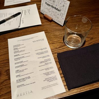 Hestia - Table setting and menu (October 2025) - New American Near Me - Austin, Texas