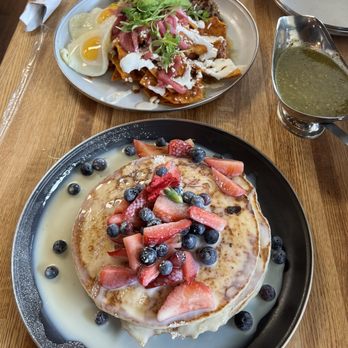 Pradera Brunch - Chilaquiles rojos with birria (+side of salsa verde) and tres leches pancakes - Breakfast & Brunch Near Me - Baldwin Park, California Pradera Brunch - Chilaquiles rojos with birria (+side of salsa verde) and tres leches pancakes - Breakfast & Brunch Near Me - Baldwin Park, California