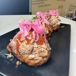 Gourmology - Maduro Street Cups (Maduro cups stuffed w. slow roasted pork [pernil] Topper w. BBQ glaze & finished w. pickled onions)