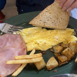 Wally’s Restaurant & Pizzeria - Scrambled eggs with ham home fries, and I gave My Bride a couple of french fries