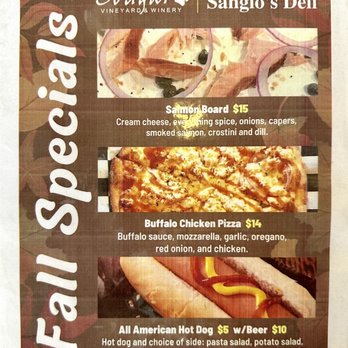 Sangio's Deli - Food Specials - The menu from Sangio's Deli displays three food specials: a salmon board priced at $15, described as containing cream cheese, onions, capers, smoked salmon, crostini, and dill; a buffalo chicken pizza for $14 with buffalo sauce, mozzarella, garlic, oregano, red onion, and chicken; and an all-American hot dog for $5, with a side option and a craft beer for $10. The menu is printed on a paper sheet with images of the food items and a brown background. - Delis Near Me - Temecula, California