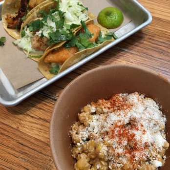 Bartaco Chastain Park - Corn off the cob (requested) and tacos (L:R: chicken pastor, rock shrimp, and Baja fish). Everything was delicious. - Mexican Near Me - Atlanta, Georgia