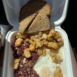 Toast, eggs, hash, and tater tots