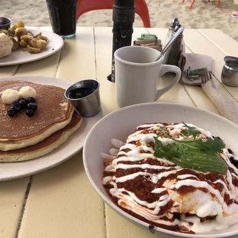 Back On the Beach - Huevos rancheros, breakfast burrito, and side of blueberry Buttermilk Pancakes - American Near Me - Santa Monica, California Back On the Beach - Huevos rancheros, breakfast burrito, and side of blueberry Buttermilk Pancakes - American Near Me - Santa Monica, California