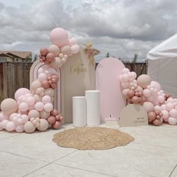 Seven Events - Girl Neutral Pink Baptism Party with arch walls and cake stands