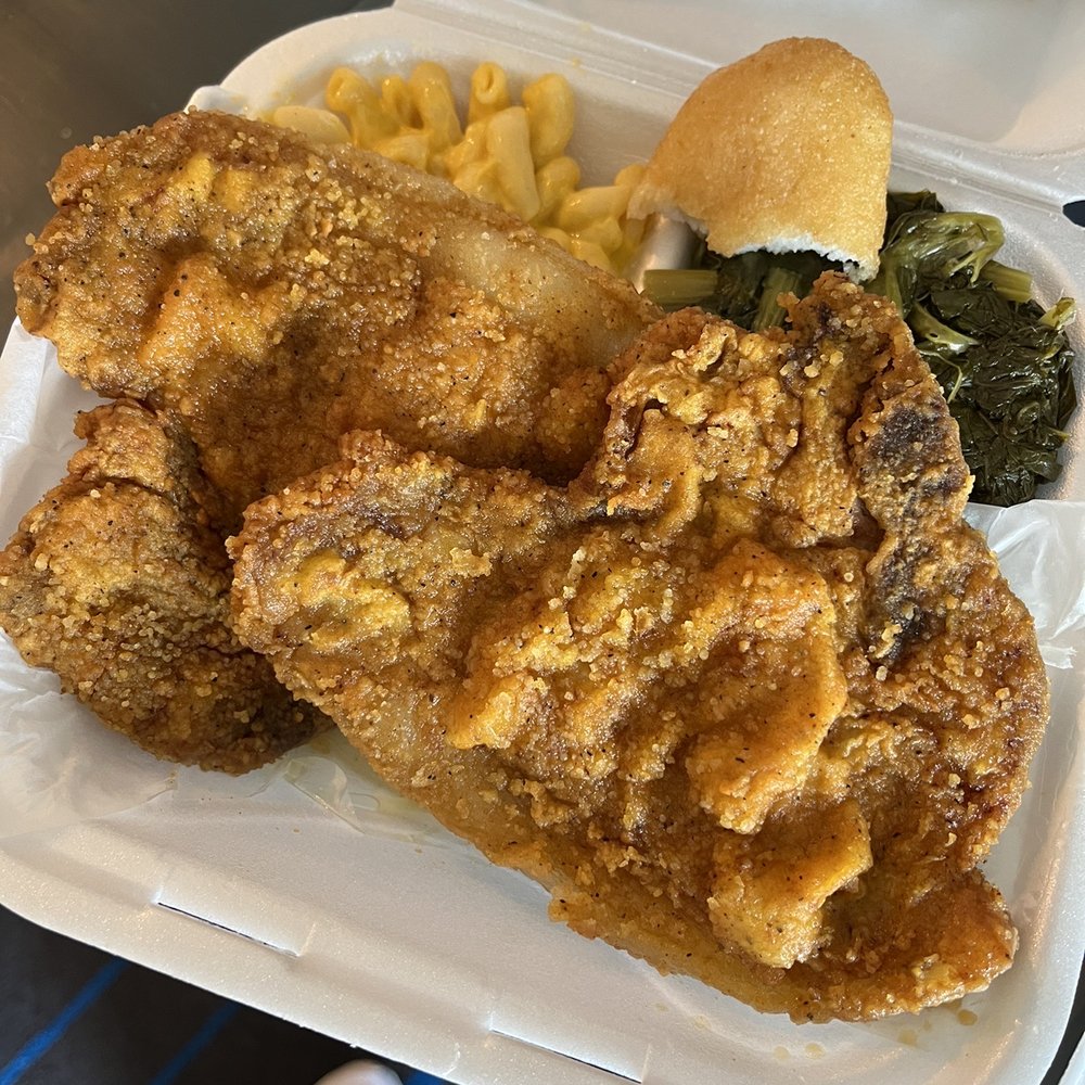 Lil Cee's - Fried pork chop, mac and cheese and turnip greens and a little piece of hot water cornbread - Soul Food Near Me - Nashville, Tennessee Lil Cee's - Fried pork chop, mac and cheese and turnip greens and a little piece of hot water cornbread - Soul Food Near Me - Nashville, Tennessee