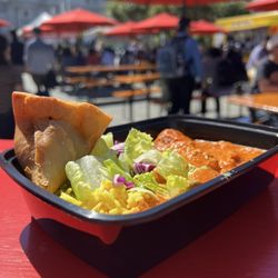 Pak Food - Chicken tikka masala over rice and a samosa