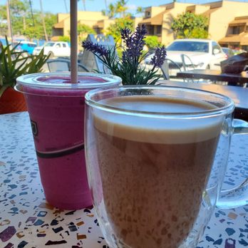 That's A Wrap Maui - Smoothie (with dragonfruit, coconut, and pineapple) and a dirty red velvet latte - Wraps Near Me - Kihei, Hawaii That's A Wrap Maui - Smoothie (with dragonfruit, coconut, and pineapple) and a dirty red velvet latte - Wraps Near Me - Kihei, Hawaii