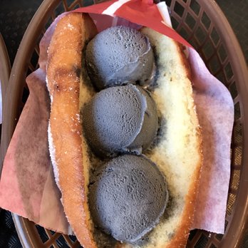 Japadog - Black sesame flavoured age ice. Basically ice cream in a fried Chinese donut - Food Stands Near Me - Richmond, British Columbia Japadog - Black sesame flavoured age ice. Basically ice cream in a fried Chinese donut - Food Stands Near Me - Richmond, British Columbia