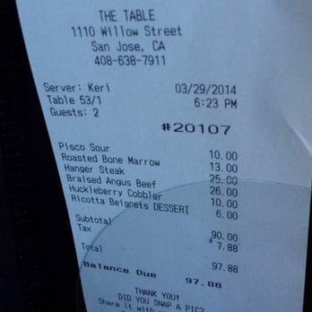 The Table - Our bill - New American Near Me - San Jose, California The Table - Our bill - New American Near Me - San Jose, California