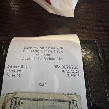 P.F. Chang's - Check - A restaurant receipt from P.F. Chang's China Bistro in Mesa, AZ, showing details like server, date, time, and table number, with cash payment and a $20 bill. - Chinese Near Me - Mesa, Arizona