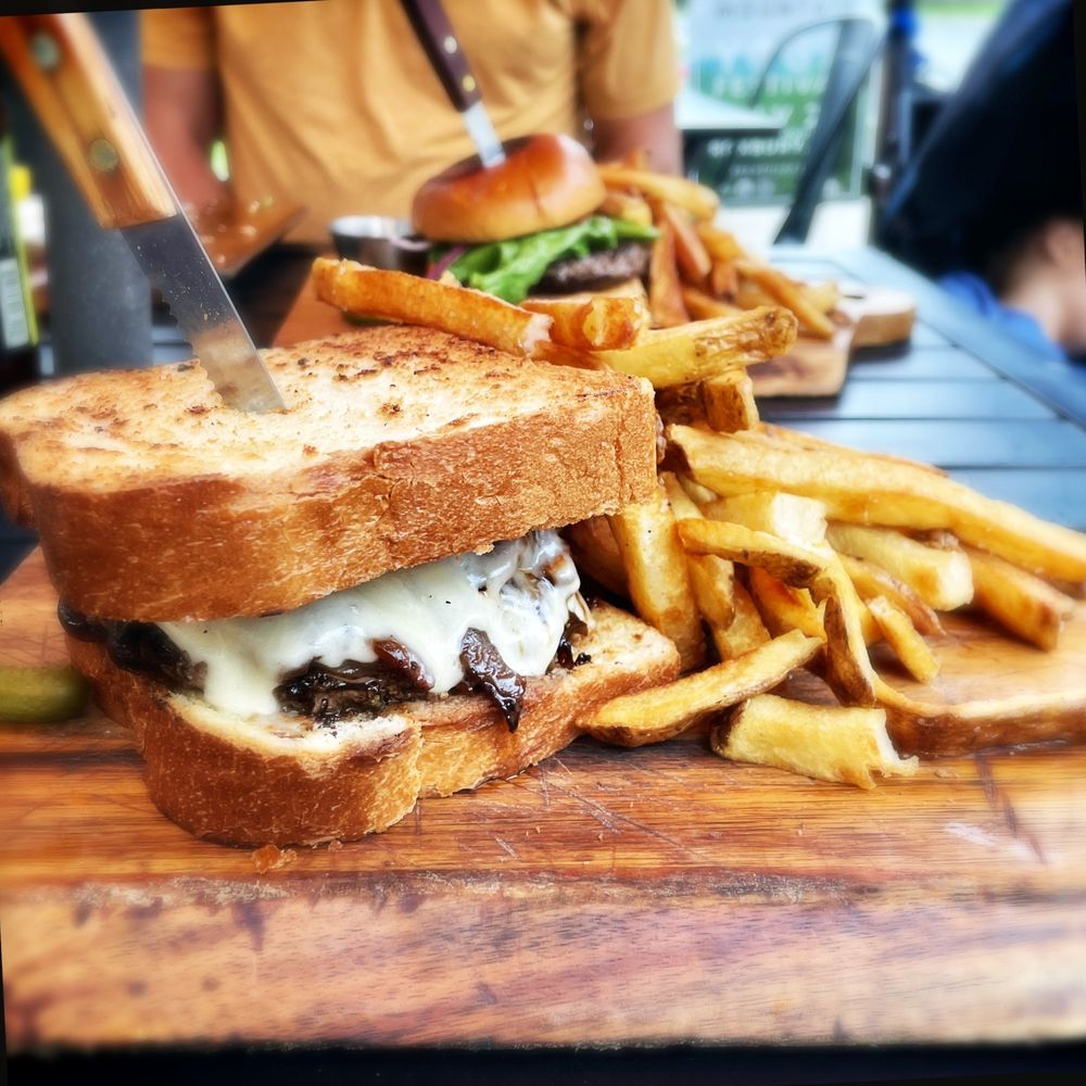 Chappie's - Texas party melt (burger, cheddar, smothered onions, bbq, brioche, fries) - New American Near Me - Roxbury, New York Chappie's - Texas party melt (burger, cheddar, smothered onions, bbq, brioche, fries) - New American Near Me - Roxbury, New York