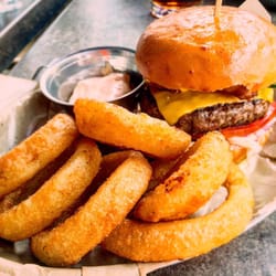 Burgers & Beer - Bacon jalapeno burger with onion rings