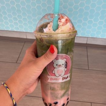 Fluffy Bear - Pink Matcha Latte with soy milk - Ice Cream & Frozen Yogurt Near Me - Laguna Hills, California