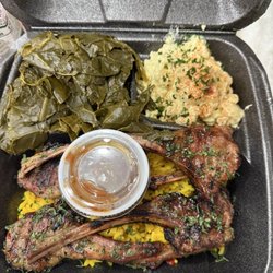 Da Menu - Collard greens, potato salad, lamb chops, and rice