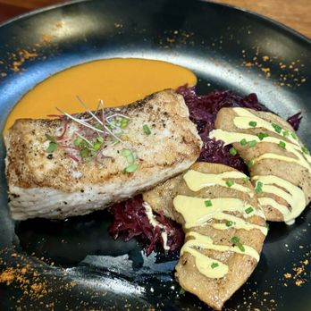 Spork - Halibut - conch pierogies, braised red cabbage, aji amarillo cream, tomato red chili sauce - Tapas/Small Plates Near Me - Pittsburgh, Pennsylvania Spork - Halibut - conch pierogies, braised red cabbage, aji amarillo cream, tomato red chili sauce - Tapas/Small Plates Near Me - Pittsburgh, Pennsylvania