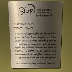 Sleep Inn & Suites Tampa South - Signage notifying guest of quiet time at Sleep Inn & Suites.