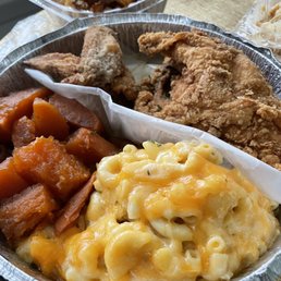 Southern Fried Chicken with a side of Mac and Cheese and Candied Yams
