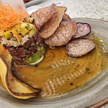C Level - Ahi, crab, and avocado tower, with taro and plantain chips. Star of the entire dinner! - New American Near Me - San Diego, California C Level - Ahi, crab, and avocado tower, with taro and plantain chips. Star of the entire dinner! - New American Near Me - San Diego, California