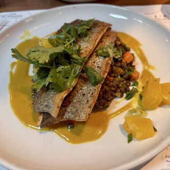 Sixty Vines - Las Olas - Trout entree with lentils and coconut curry sauce - Wine Bars Near Me - Fort Lauderdale, Florida Sixty Vines - Las Olas - Trout entree with lentils and coconut curry sauce - Wine Bars Near Me - Fort Lauderdale, Florida