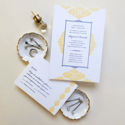 Sweet Penelope - This charming letterpress wedding invitation includes a yellow lace pattern and a classic navy frame.