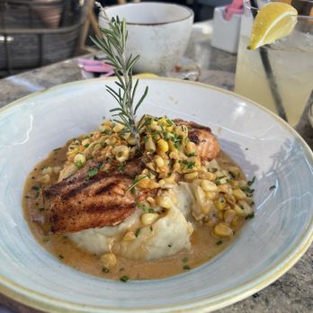 GRANVILLE - The grilled glazed salmon with cream of corn chowder and garlic, mashed potatoes - New American Near Me - Pasadena, California