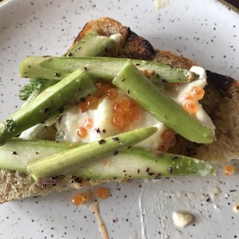 Manuela - Asparagus toast with bursts and trout roe - New American Near Me - Los Angeles, California Manuela - Asparagus toast with bursts and trout roe - New American Near Me - Los Angeles, California