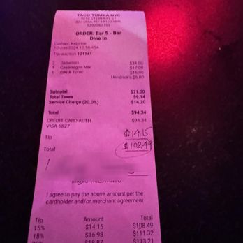 Taco Tumba - Tip was added without letting us know, and then let us tip extra even though our initial bartender was out flirting on the floor. - Tacos Near Me - Astoria, New York Taco Tumba - Tip was added without letting us know, and then let us tip extra even though our initial bartender was out flirting on the floor. - Tacos Near Me - Astoria, New York