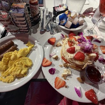 The Secret Garden - Strawberry cheesecake pancake combo with sausage - Breakfast & Brunch Near Me - Modesto, California