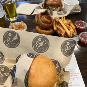 The Stand - American Classics Redefined - French Onion Burger, Build your own burger. Fries, rings and Blond beer. - New American Near Me - Tustin, California