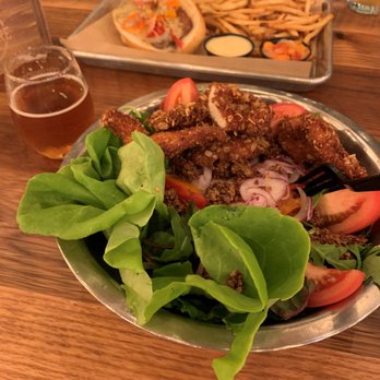 FourScore Beer Co. - Salad with chicken fingers and hot dog and fries in the background with beer cheese - Breweries Near Me - Gettysburg, Pennsylvania FourScore Beer Co. - Salad with chicken fingers and hot dog and fries in the background with beer cheese - Breweries Near Me - Gettysburg, Pennsylvania