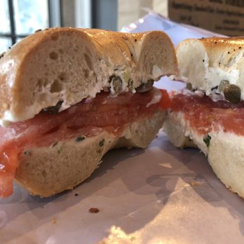 Russ & Daughters - Brooklyn - Gaspe Nova smoked salmon with scallion scream cheese and "the works" on an untoasted everything bagel - Bagels Near Me - Brooklyn, New York Russ & Daughters - Brooklyn - Gaspe Nova smoked salmon with scallion scream cheese and "the works" on an untoasted everything bagel - Bagels Near Me - Brooklyn, New York