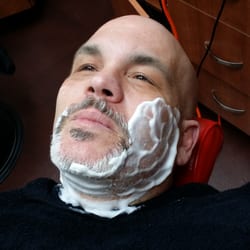 Hair Shrinks By Holly Scott - Kevin getting hot lather straight edge face shave.