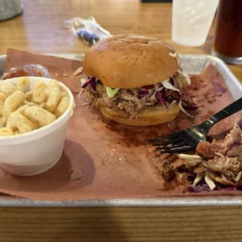 Monk's BBQ - Pulled pork sandwich with smoked Gouda Mac n cheese. - Barbeque Near Me - Purcellville, Virginia Monk's BBQ - Pulled pork sandwich with smoked Gouda Mac n cheese. - Barbeque Near Me - Purcellville, Virginia