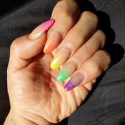 by Selena at Nail Art 360 super thick coffin shape Rainbow ombre/gradient sculptured powder acrylic by Selena at Nail Art 360 super thick coffin shape Rainbow ombre/gradient sculptured powder acrylic