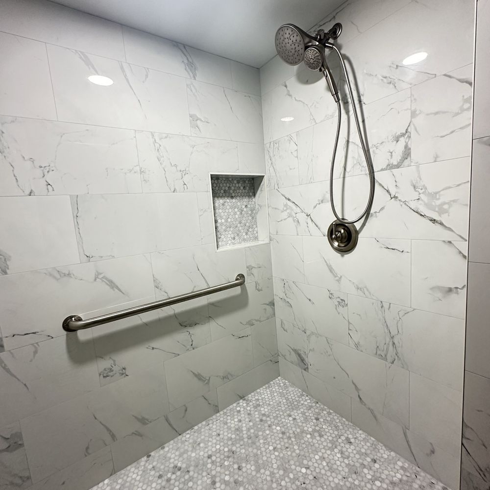 Kryptonite Tile & Stone - Completed shower with new light. - Tiling Near Me - Fresno, California Kryptonite Tile & Stone - Completed shower with new light. - Tiling Near Me - Fresno, California