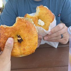 Puddletown Bagels - Breakfast bagel (jalapeño cheddar) and cheese bagel with scallion spread