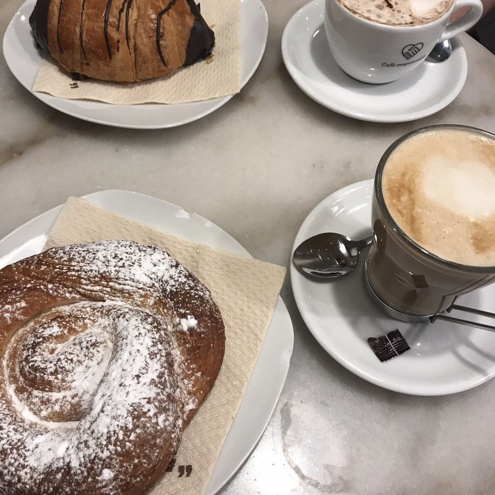 365 - Ensaimades and café con leche (soy) - my guy had a chocolate croissant with cappuccino - Bakeries Near Me - Barcelona, B