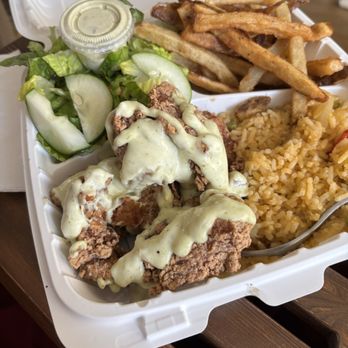Aina Grill - Mochiko chicken with cilantro lime aioli, Spanish Rice, green Garden Salad with Homemade Dressing and French Fries - American Near Me - Waipahu, Hawaii