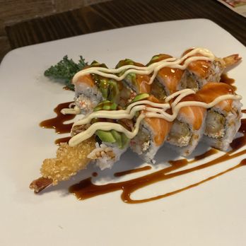 Sushi Wabi - Katana Roll - Crab mix, shrimp tempura and topped with salmon, avocado, mayo and eel sauce - Japanese Near Me - Houston, Texas