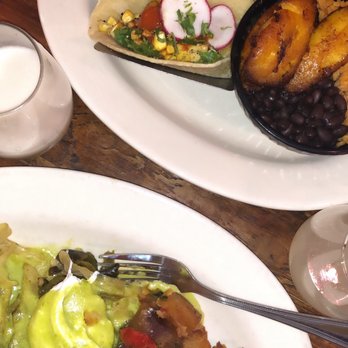 Miti Miti - Bottom: Poblano eggs Benedict  Top: Shrimp Tacos - Latin American Near Me - Brooklyn, New York