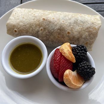Latin Soul - Chorizo Breakfast Burrito with green chile sauce and Fresh Fruit - Latin American Near Me - Staunton, Virginia Latin Soul - Chorizo Breakfast Burrito with green chile sauce and Fresh Fruit - Latin American Near Me - Staunton, Virginia
